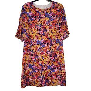 Tyler Boe Midi Dress M Silk red orange floral Flutter Sleeve Brunch Party